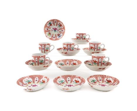 Including 6 cups and 10 saucers, depicting Chinese boys holding flowers, saucers are 14 cm. in diameter, chip and hairline.