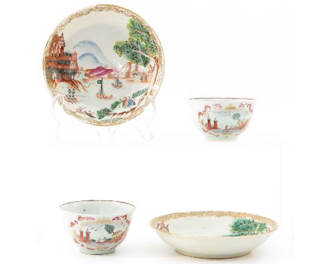 Decorated with landscape scenes with ships, 18th Century, saucers are 12 cm. in diameter, baking fault in cups.