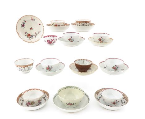 24 cups and saucers, in a variety of decors, 18th Century, largest saucer is 15 cm. in diameter, in diverse conditions.