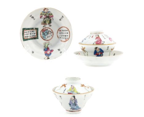 Wu Shuang Pu decor in Famille Rose enamels, saucers are 12 cm. in diameter, chip and hairline.