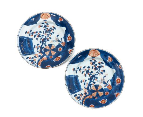 Depicting scene in garden with flower blossoms, marked with ring and sacred fungus, 31 cm. in diameter, chip.