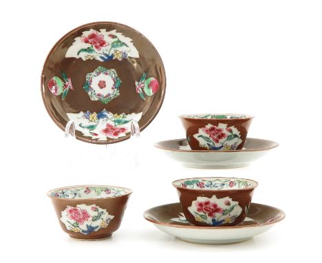 Batavianware, floral decor, 18th Century, saucers are 12 cm. in diameter. 