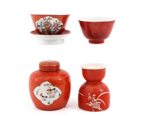 5 pieces, including candlestick, 2 cups, saucer and ginger jar, candlestick is 10 cm. tall.  