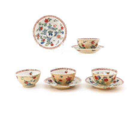 Famille Verte decor, Kangxi Period, saucers are 13 cm. in diameter, chip and hairline.