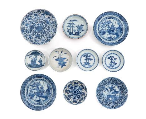 10 items including saucers and small plates, in a variwty of blue and white decors, some 18th Century, largest plate is 17 cm