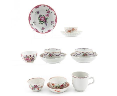 Including 7 cups and 5 saucers, in a variety of decors and sizes, including 18th Century, largest saucer is 13 cm. in diamete