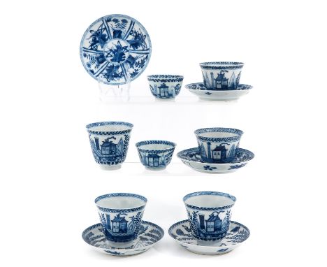 Including 7 cups and 5 saucers in blue and white decors, largest saucer is 12 cm. in diameter, in diverse conditions.