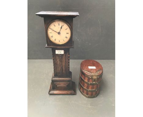 An apprentice minature oak cased longcase clock & a coopered brass bound tobacco jar