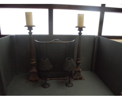 2 Large (70cm) candle sticks, 2 nightlight candle stands with shades, brass fireguard. A corner hay rack