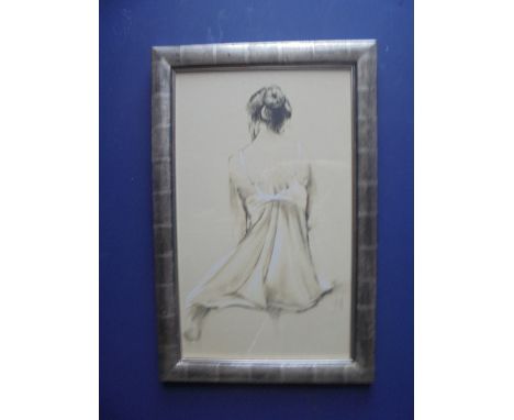 Studio framed mixed media portrait of pensive lady in a flowing gown, bearing monogramme signature 64.5x37.5cm