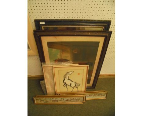 Set of 4 coloured engraved hunting prints in the manner of Alken, 2 Chinese equine prints,2 further prints