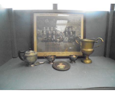 Stanley club cup & Stanley club skittle cup winner 1945-46 photo, Mcvitie & price biscuit tin display lid. Plated tea service