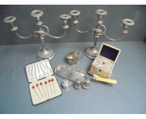 Quantity of silver plate, Cocktail sticks with cherry tops. Mother of pearl tea-caddy