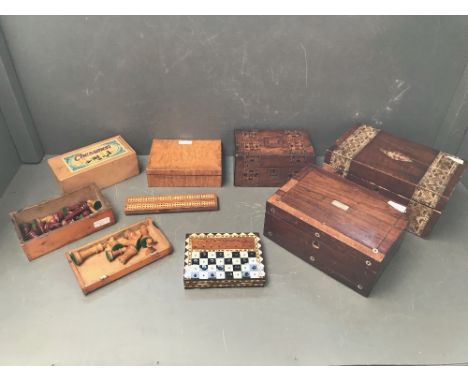 K&C Ltd chess set, another part set, 2 cribbage boards, 4 assorted boxes etc