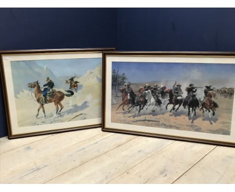 Two Remington prints. framed and glazed, depicting horses, native Americans and soldiers