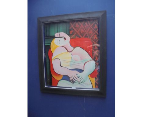 Homage to Pablo Picasso, a framed mixed method portrait of a female in abstract 60x51cm