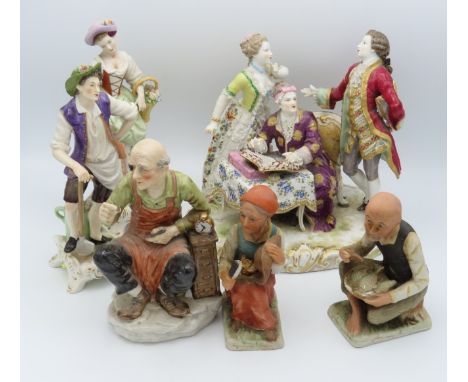 A 19thC. German Meissen style porcelain figure group with blue crossed swords mark to base a/f, a pair of antique continental