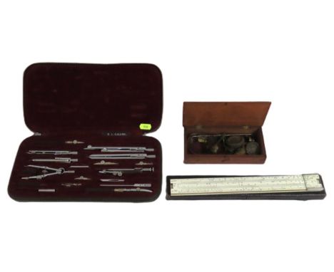 A Staedtler drawing set twinned with a 19thC. set of scales & an extending rule