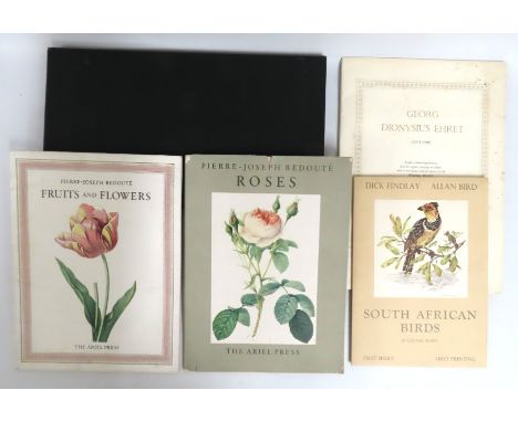 Two volumes of Redoutte's Roses twinned with Georg Dionysius Ehret botanical book & South African Birds by Dick Findlay & All