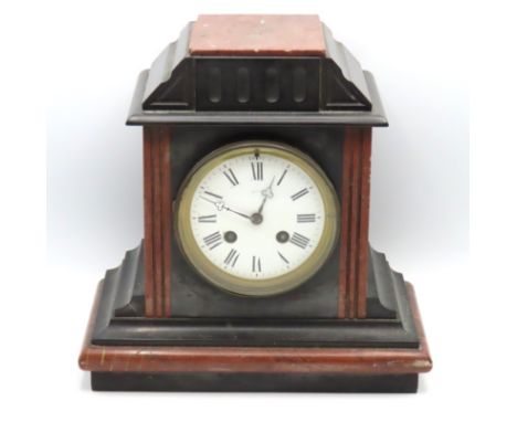 An architectural slate mantle clock with red marble decor, 256mm tall