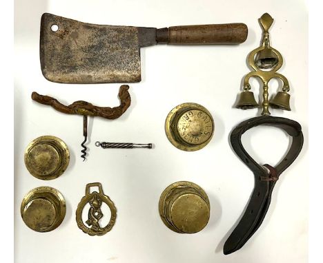 A shire horse brass bell set, four brass wheel hubs, one stamped "Gates Gravesend", a silver pencil a/f, a corkscrew &amp; a 