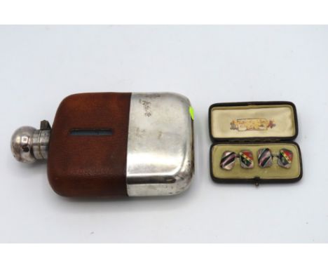 A James Dixon & Sons plated hip flask twinned with a pair of 1950 Birmingham enamelled silver cufflinks with crest by H C Fre