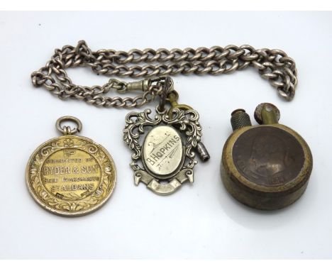 A silver Albert chain with silver fob twinned with a silver medallion & a trench art lighter, silver weight 45.9g, chain leng