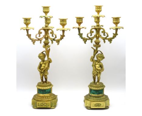 A pair of 19thC. ormolu candelabra with putti supports & malachite inserts, 465mm tall x 225mm span