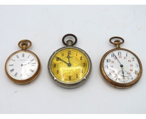 A gold plated Waltham Watch Co. pocket watch 40mm case diameter, twinned with two larger pocket watches, not running