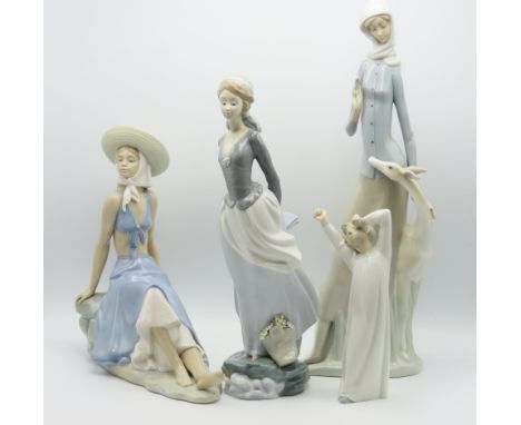 Two Lladro porcelain figurines & two Nao including lady seated, tallest 445mm