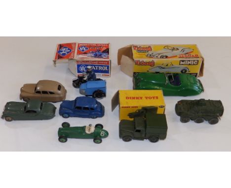 A boxed Dinky Army 1-Ton Cargo Truck 641, a boxed Triang Jaguar XK 120 Sports, a boxed Morestone RAC Patrol with sidecar (pai