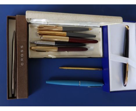 Two Parker fountain pens, a Parker biro and pencil, a Sheaffer fountain pen, a boxed Waterman biro, a boxed Cross biro and tw