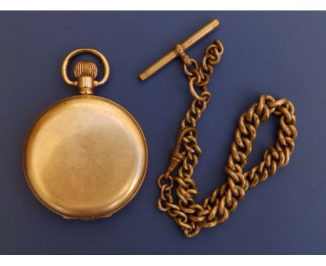 A gold plated Dennison cased hunter pocket watch, case diameter 2" and chain. (2)
