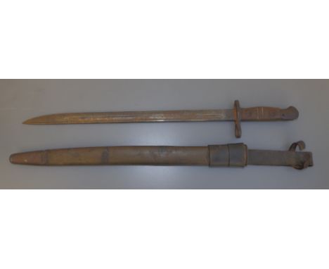 A USA Model 1917 sword bayonet in scabbard, the 17" blade stamped 'US 1917 Remington', brown leather frog, 21.5" overall - a/