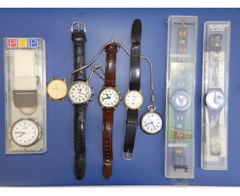 A cased Swatch wrist watch, a cased Pop-Swatch watch, a ladies Rolex copy and five other watches. (8)