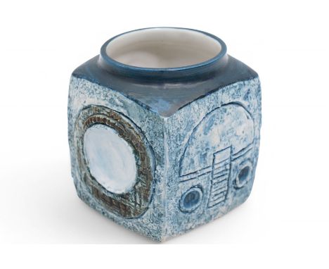 Troika marmalade jar, with geometric incised decoration in brown on a mottled blue ground, signed to base with initials for a