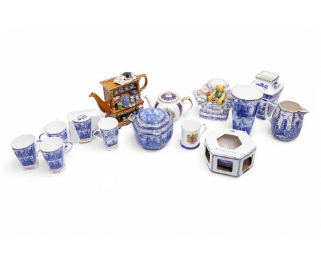 Ringtons items including novelty teapot Millenium Welsh Dresser, another Tea Time, tea caddy, Willow Story vase, Landmarks va