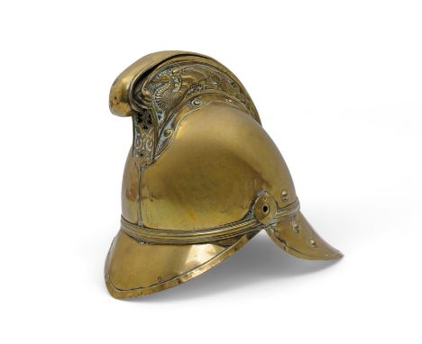 Early 20th century Merryweather type fireman's helmet, with embossed dragon comb, lacking helmet plate, H25cm 