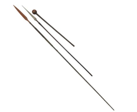 African knobkerrie L79cm, spear with wire wound haft L210cm and one other spear (3) 