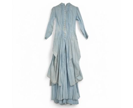 Victorian ladies button-down bodice and skirt, in blue and white striped fabric with pleated detailing, the skirt with gather