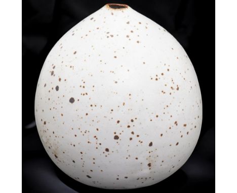 Joanna Constantinidis (1927-2000); studio pottery stoneware posy vase, of ovoid form, in white glaze with brown speckles, imp