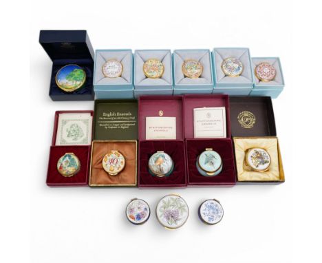 Fourteen enamel boxes, including Halcyon Days Valentine editions, two Royal Worcester 'Lazy Days' and 'Diamond Jubilee' examp