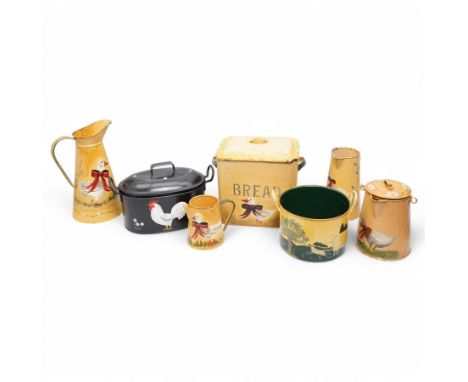 Mid-20th century painted enamel bread bins and matching kitchenware, decorated with Chickens and Geese, jug H38cm (6)