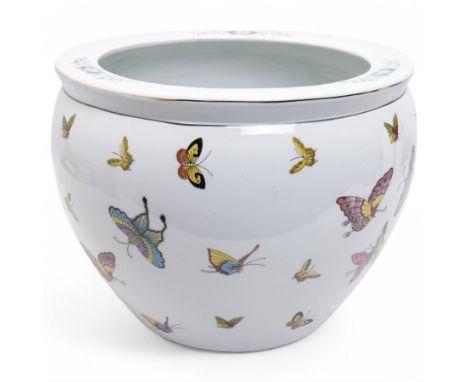 Large 20th century Chinese fish bowl/planter, the interior decorated with goldfish, the exterior with butterflies, D38cm H30c
