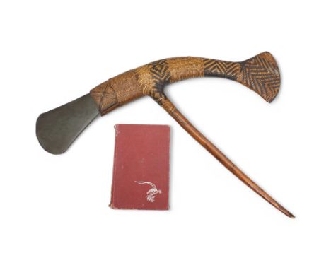 Papua New Guinea presentation ceremonial axe with greenstone head, with intricate fibre binding and wooden haft 77cm across t