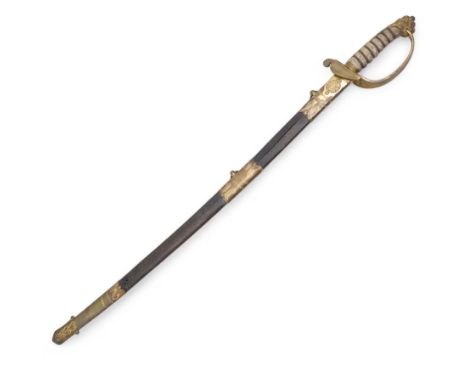 Victorian 1827 pattern Naval officers sword with lions head pommel, wire wound fishskin grip, the brass mounted leather scabb
