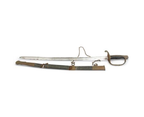 French 1837 pattern Naval officers sword, 70cm double fullered blade, makers mark at the forte, pierced brass hilt and wire w
