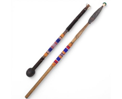 20th century African Zulu knobkerrie with beadwork decoration L79cm and a spear with similar beadwork decoration L96cm (2)
