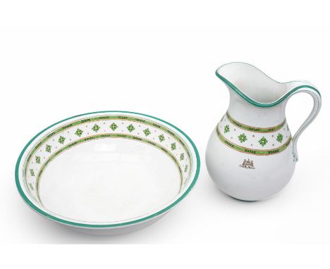 Victorian Minton ewer and basin with the Leeds city coat of arms and retailers mark for Hodgson & Co., Leeds