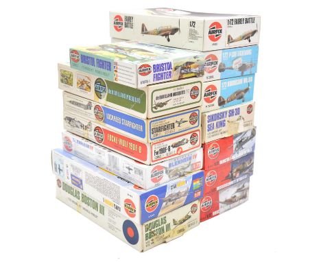 Airfix 1/72 scale model aircraft kits, fourteen including ref. A02063 Gloster J-8A; ref. 03044 Hawker Hurricane Mk IIB; ref. 